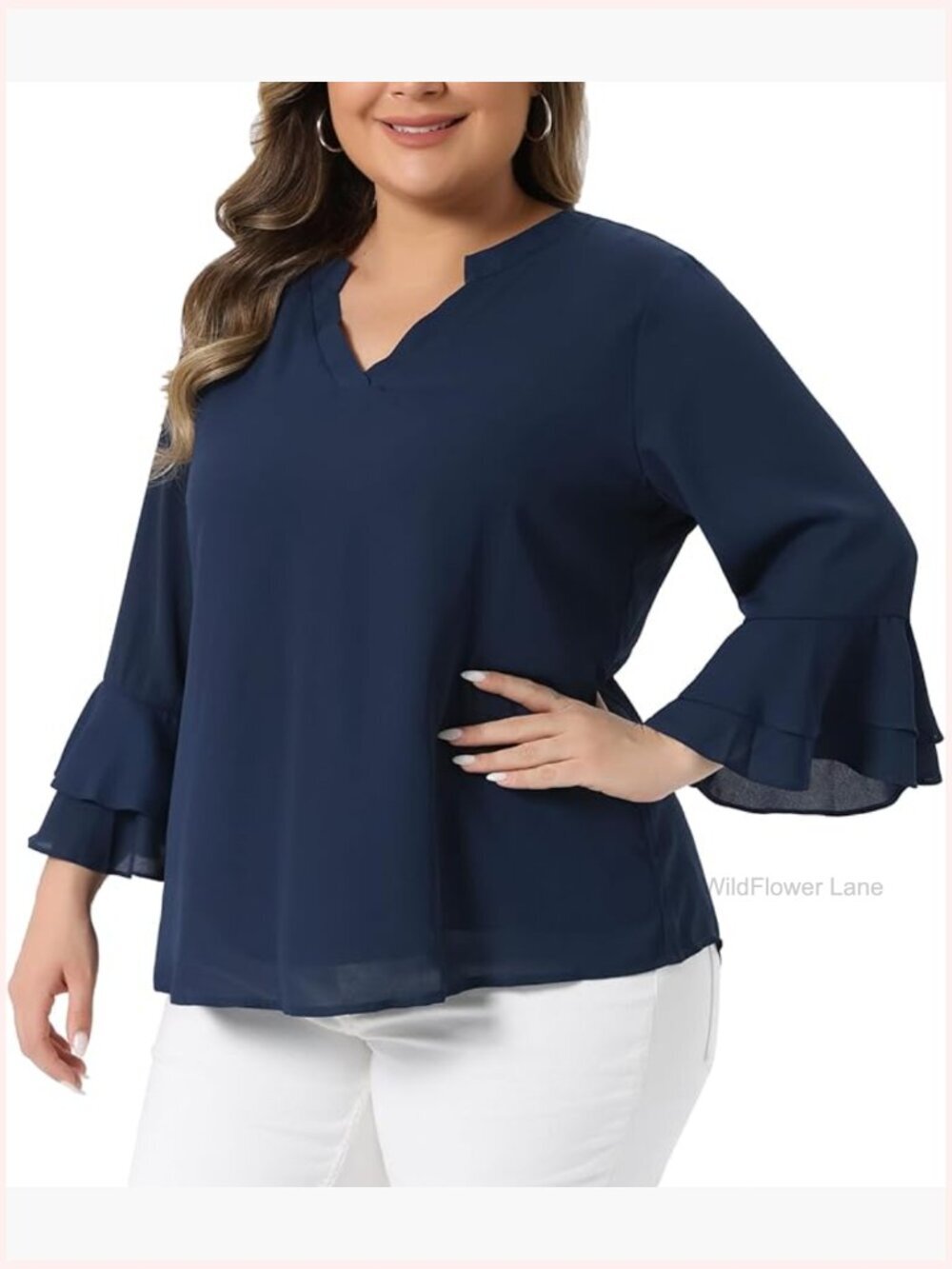 Plus Size 3/4 Bell Sleeve Notch V Neck Chiffon Work Tunic Blouse